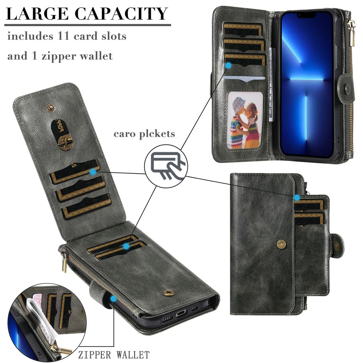 2 in 1 Detachable Magnetic Wallet Case for iPhone 15 14 13 12 11 Pro Max Wallet with Card Holder,Zipper,Pouch Pocket Flip Cover Avontic