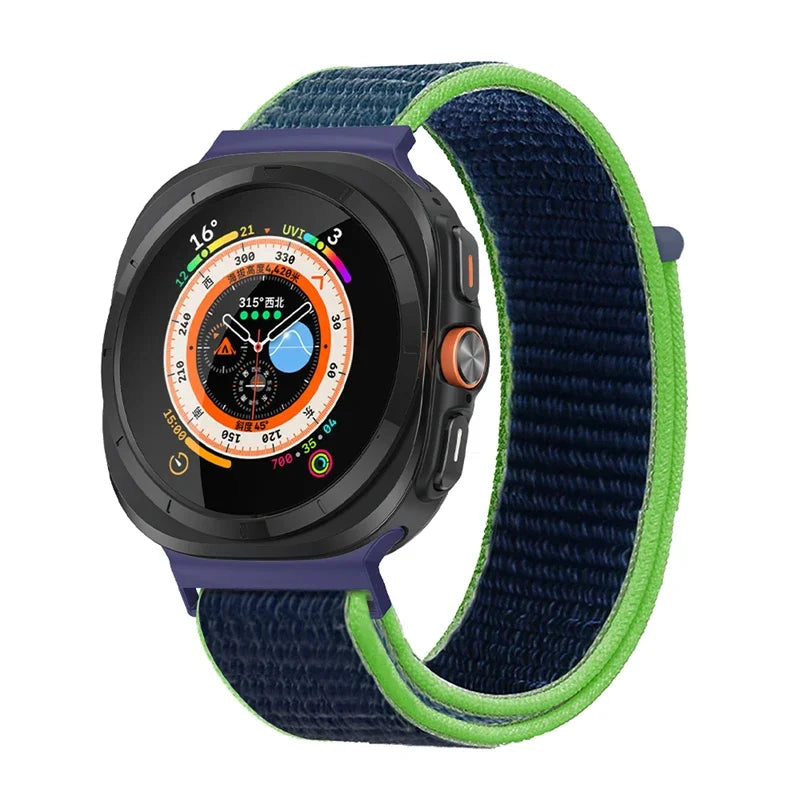 Avontic TrailLoop Lime / Blue woven nylon band for Galaxy Watch Ultra and Ultra2 47mm on a clean background