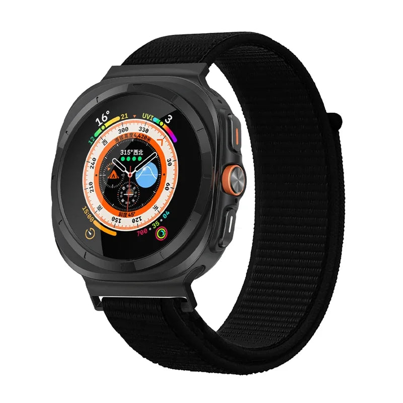 Avontic TrailLoop Black woven nylon band for Galaxy Watch Ultra and Ultra2 47mm on a clean background