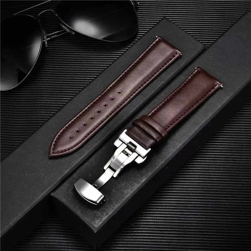 Smooth Genuine Calfskin Leather Watchband 18mm 20mm 22mm 24mm Straps with Solid Automatic Butterfly Buckle Business Watch Band Avontic