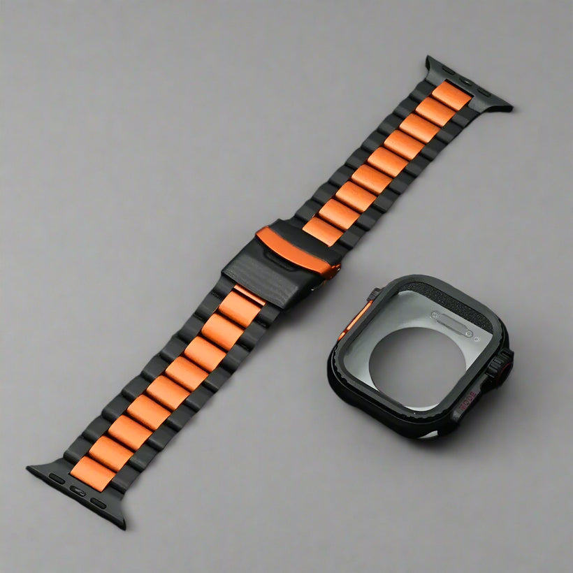 Titanium Blaze Pro Band & Case for Apple Watch Ultra 3/Ultra 2/Ultra 49mm, Series 11/10/9/8/7/SE 46mm 45mm 44mm – Black & Orange Titanium Link + Protective Case