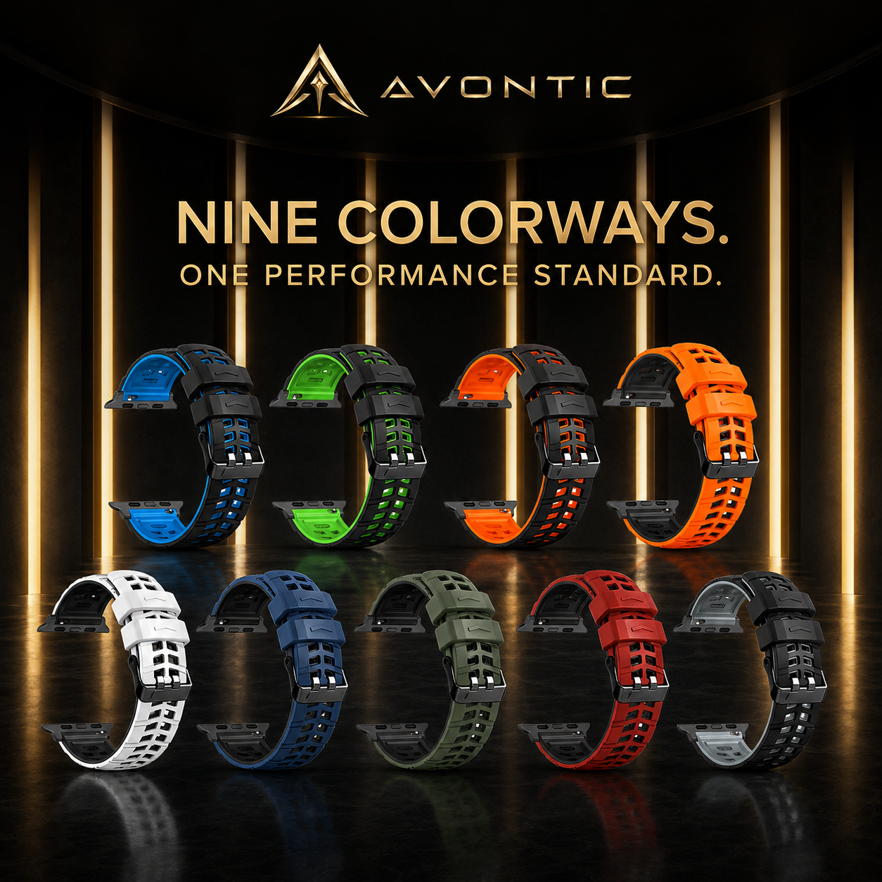Nine Avontic ActiveFlex Pro two-tone Apple Watch sport band colorways