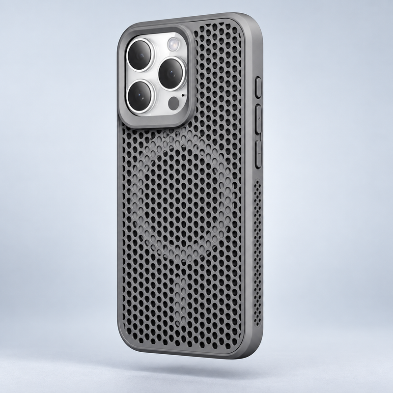 AeroFlow magnetic phone case in Gray; model-specific design varies; case color detail for the privacy kit