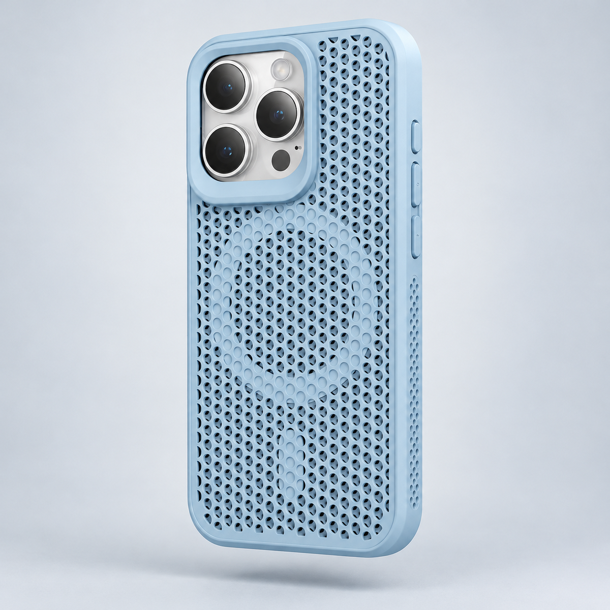 AeroFlow magnetic phone case in Light Blue; model-specific design varies; case color detail for the privacy kit