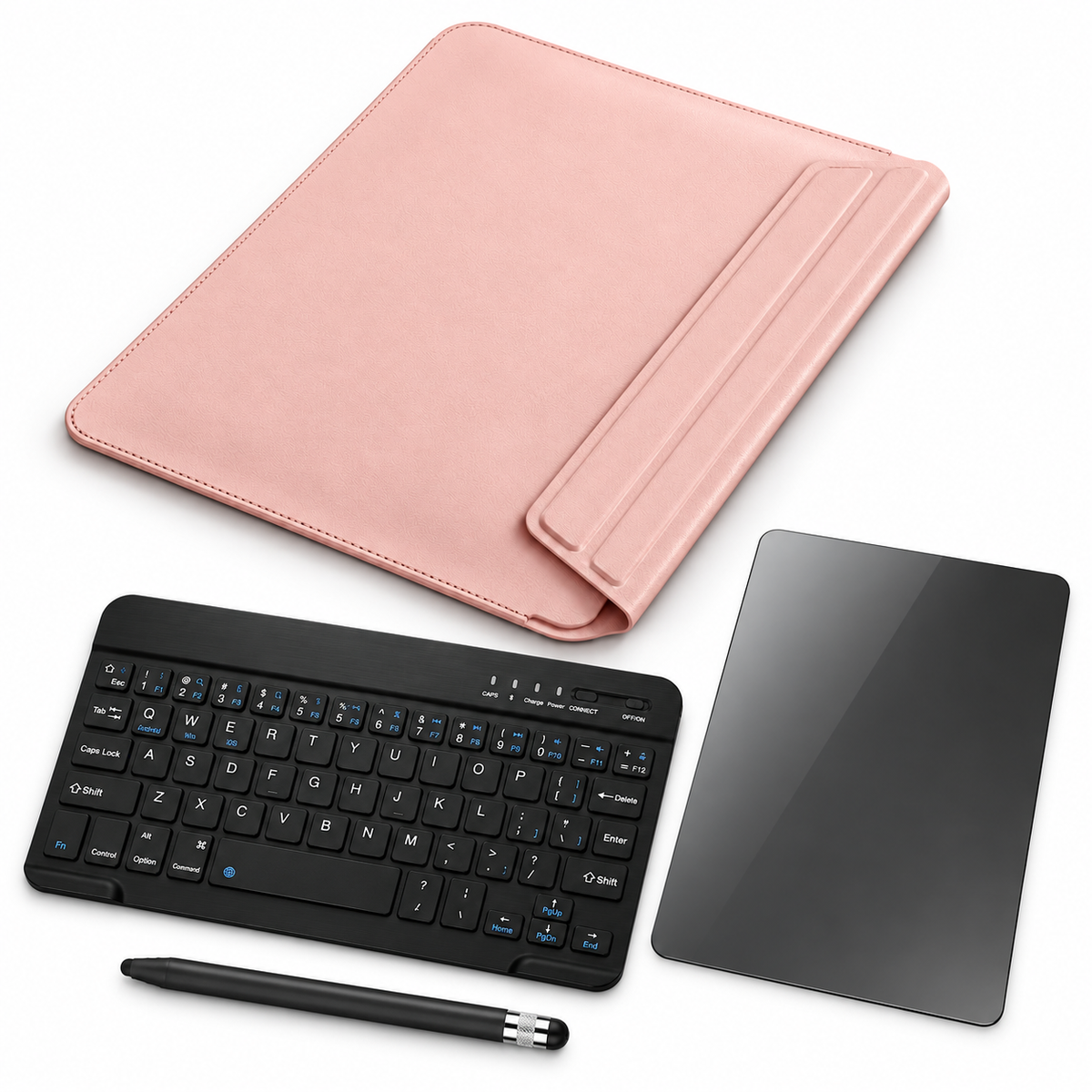 FormaLift Air Complete — iPad Sleeve + Keyboard, Stylus, Privacy Glass Bundle, Pink; all included bundle items on white. Representative iPad fit; tablet not included.