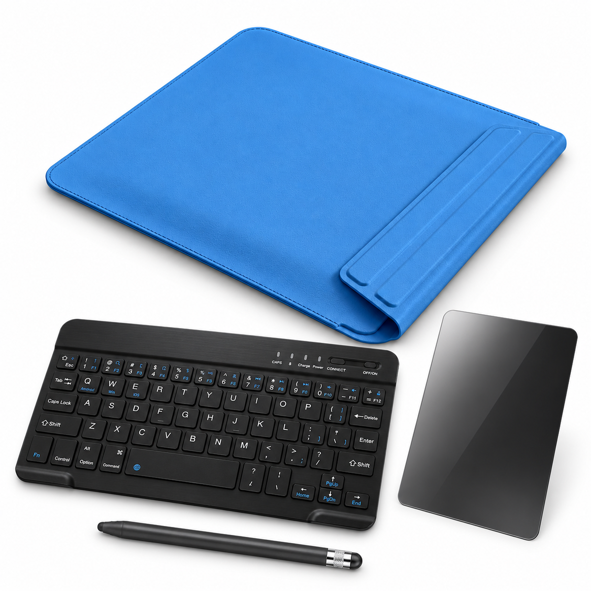 FormaLift Air Complete — iPad Sleeve + Keyboard, Stylus, Privacy Glass Bundle, Blue; all included bundle items on white. Representative iPad fit; tablet not included.