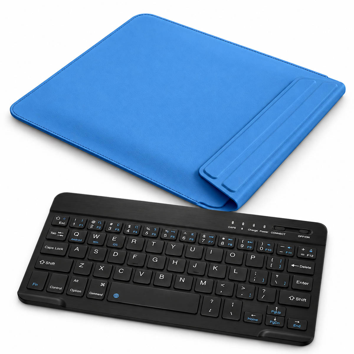 FormaLift Air Work — iPad Sleeve + Keyboard Bundle, Blue; all included bundle items on white. Representative iPad fit; tablet not included.