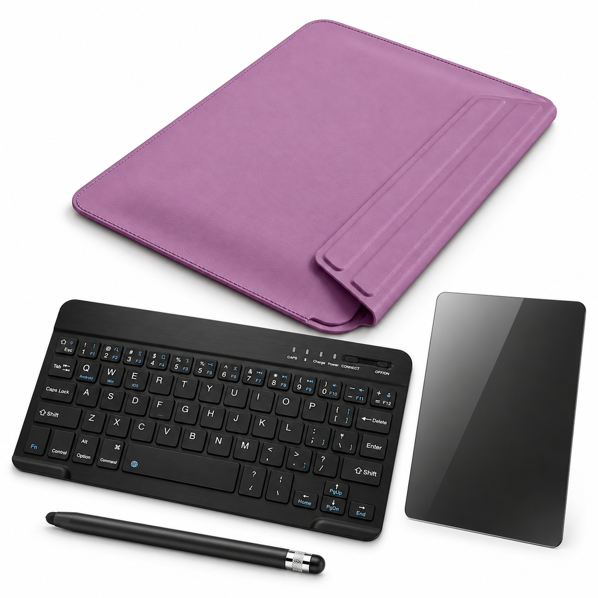 FormaLift Air Complete — iPad Sleeve + Keyboard, Stylus, Privacy Glass Bundle, Sunset Purple; all included bundle items on white. Representative iPad fit; tablet not included.