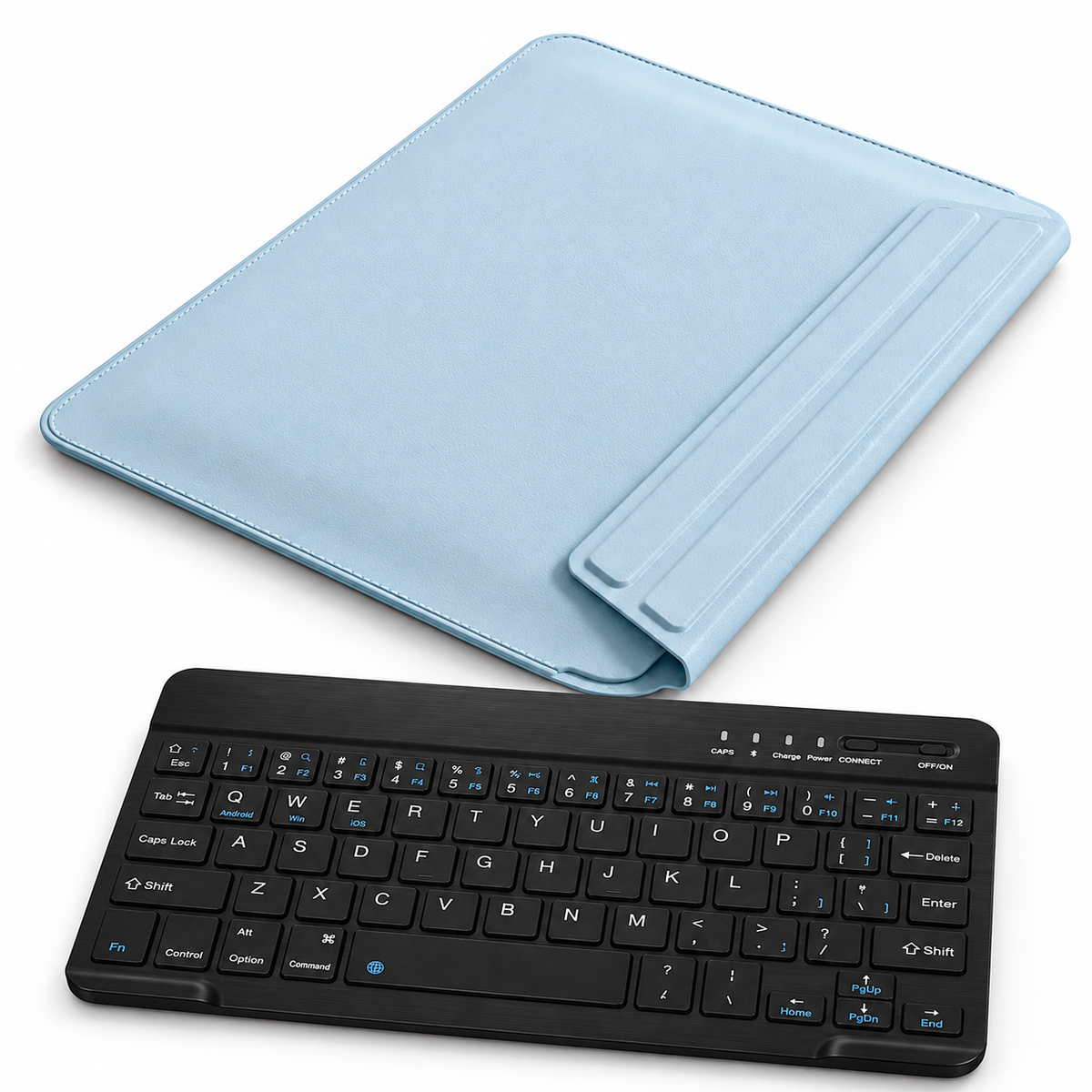 FormaLift Air Work — iPad Sleeve + Keyboard Bundle, Light Blue; all included bundle items on white. Representative iPad fit; tablet not included.