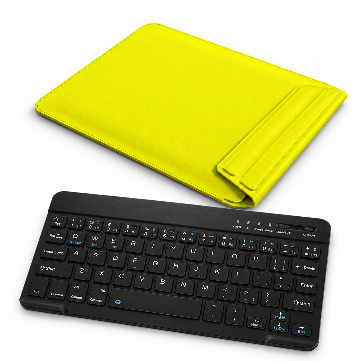 FormaLift Air Work — iPad Sleeve + Keyboard Bundle, Lemon Yellow; all included bundle items on white. Representative iPad fit; tablet not included.