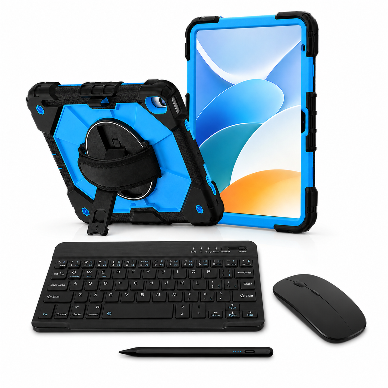 RhinoGuard Apex Command WorkForce Elite Black / Electric Blue iPad case bundle with keyboard, mouse and universal touchscreen stylus