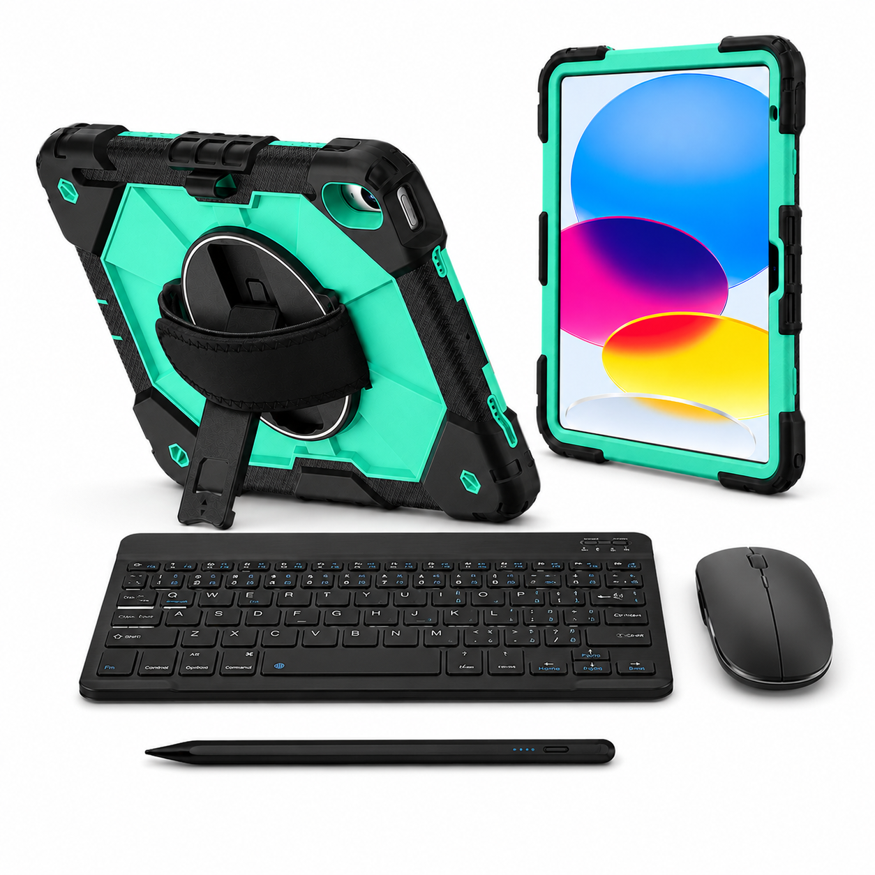 RhinoGuard Apex Command WorkForce Elite Black / Mint Green iPad case bundle with keyboard, mouse and universal touchscreen stylus