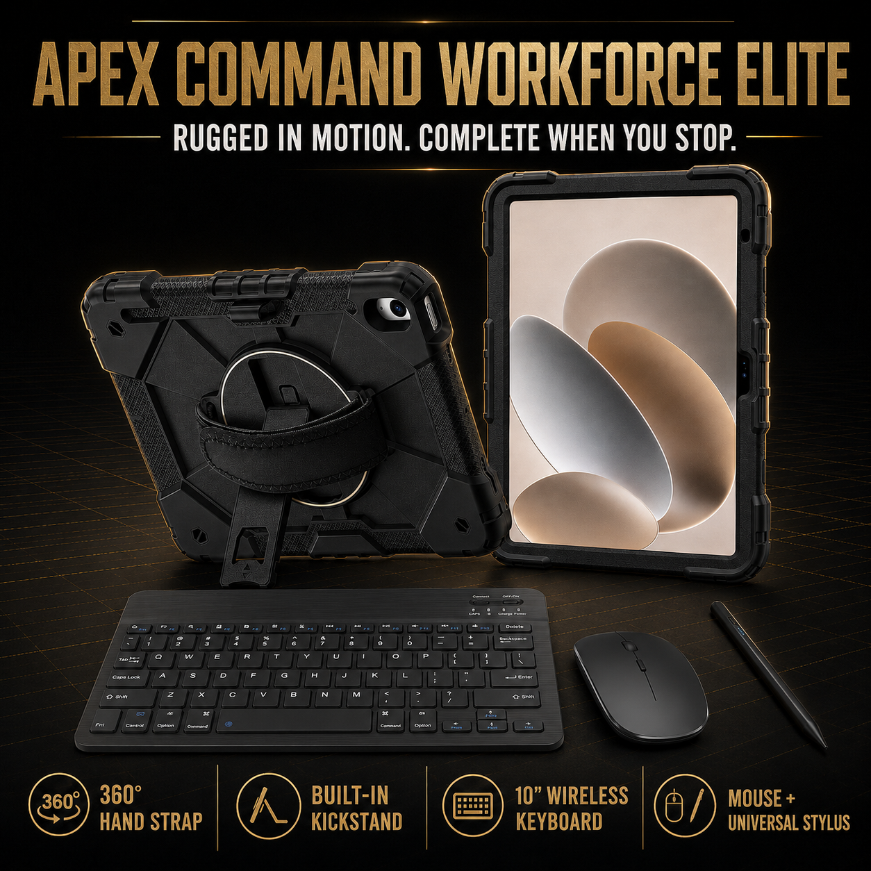 Apex Command 360-degree hand strap and kickstand with WorkForce Elite keyboard, mouse and universal stylus