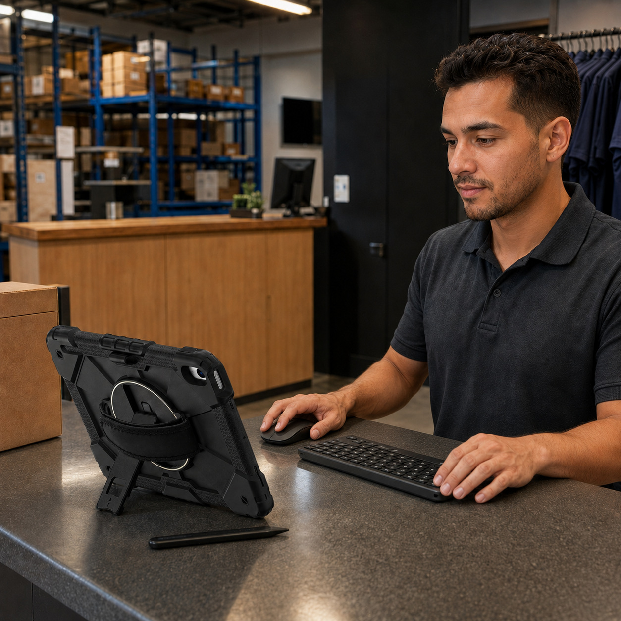 Professional using Apex Command case, wireless keyboard, mouse and touchscreen stylus in a warehouse