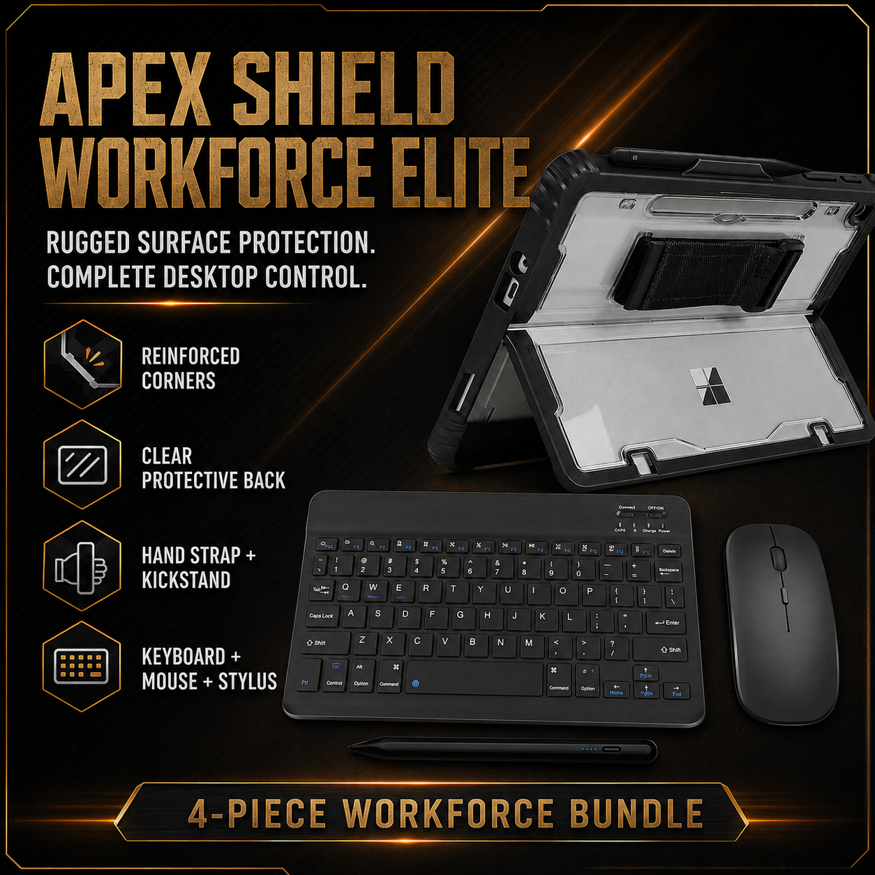 Apex Shield WorkForce Elite four-piece Surface Pro and Go bundle with rugged case, keyboard, mouse and stylus