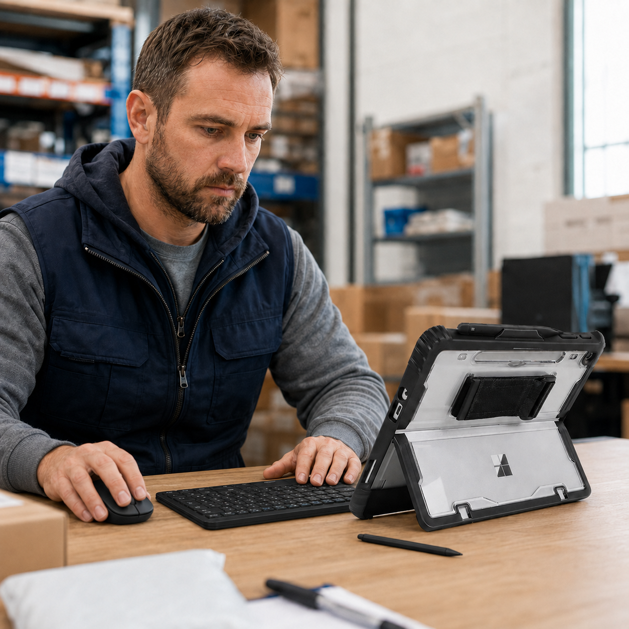 Professional using an Apex Shield Surface case, wireless keyboard, mouse and touchscreen stylus