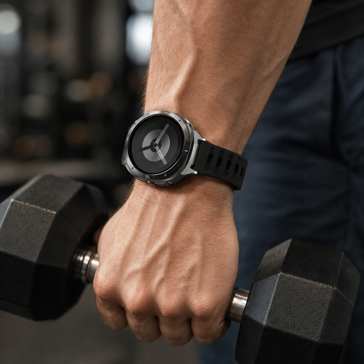 Black Avontic AeroFlex sport band on a circular smartwatch during strength training