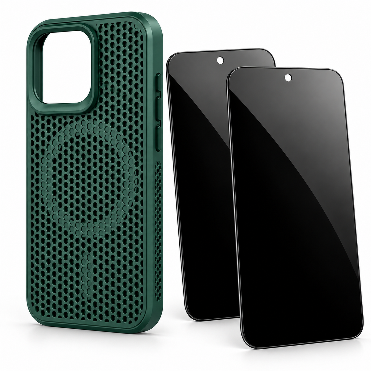 One aeroflow case and two privacy-glass protectors. Phone not included; selected model and color vary.