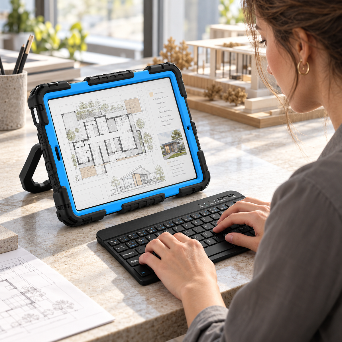 Architect reviewing plans on an iPad in the black-and-blue ArmorPro case while typing on the separate RhinoKeys Pro keyboard.