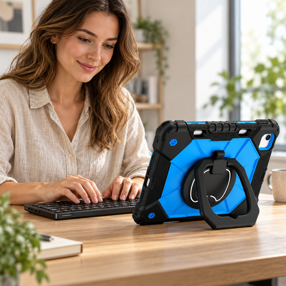 RhinoGuard ArmorPro black-and-blue iPad case supported by its ring stand while a woman types on the separate RhinoKeys Pro keyboard.