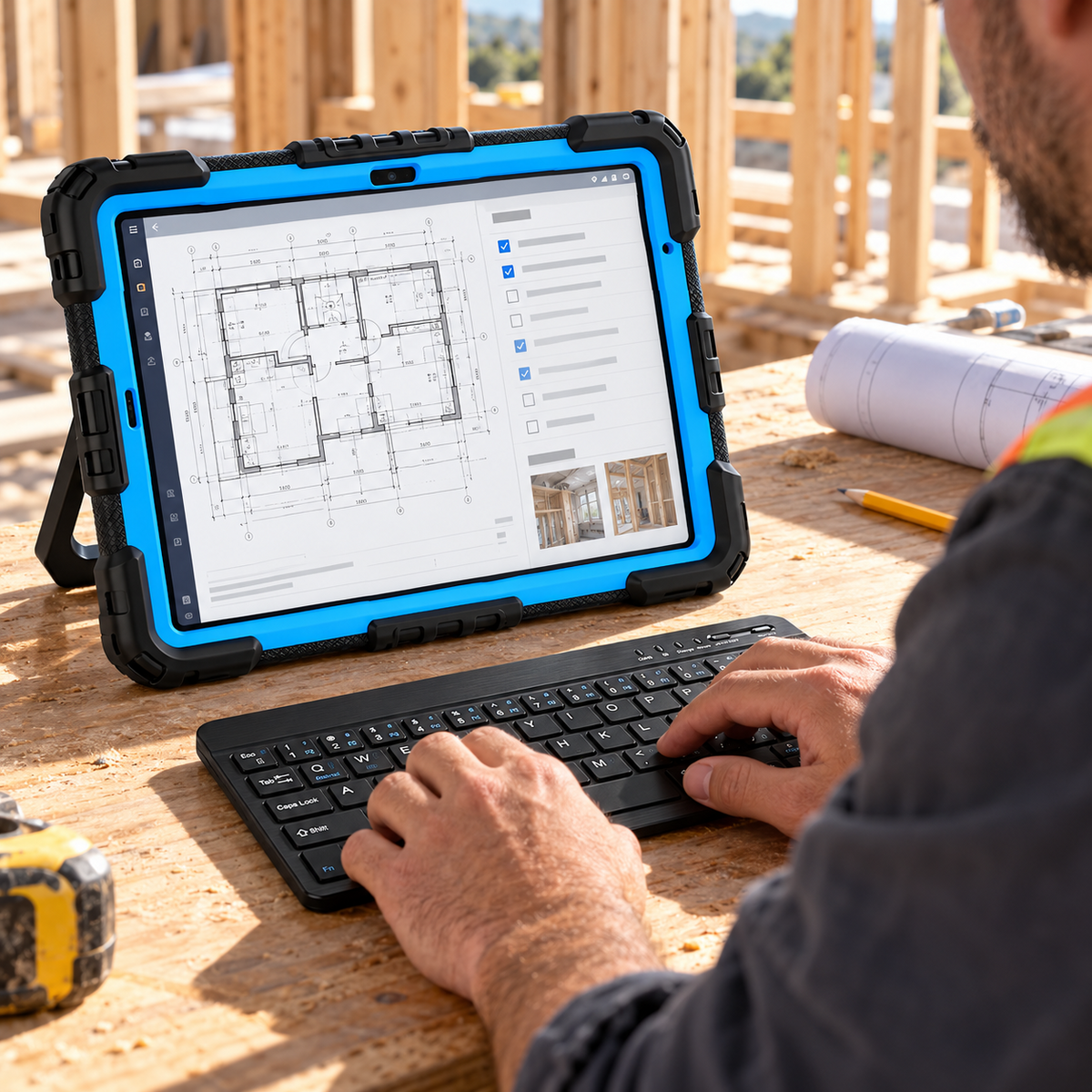 Contractor typing on the RhinoKeys Pro keyboard beside an iPad protected by the black-and-blue RhinoGuard ArmorPro case.