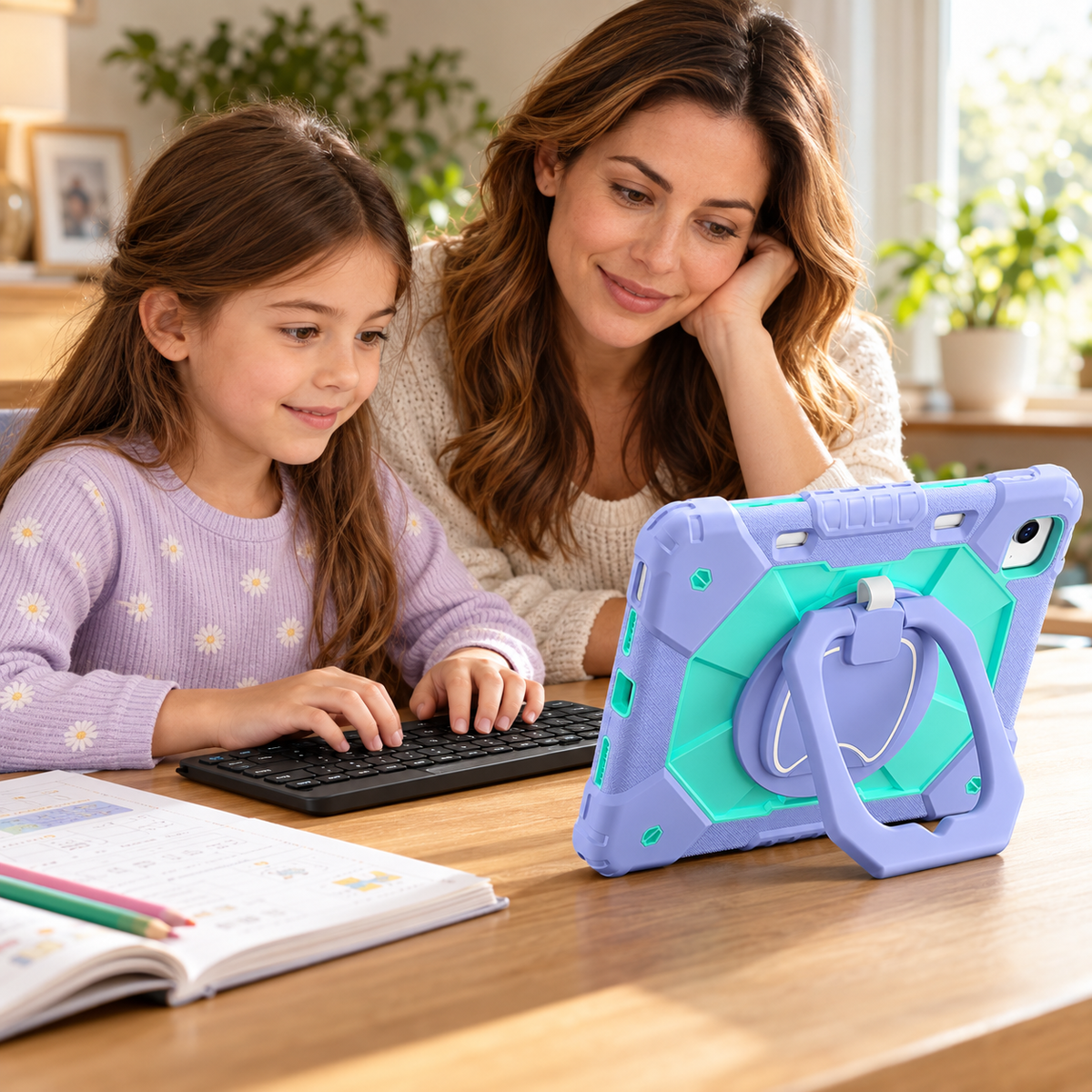 Mother and daughter learning with a purple-and-mint ArmorPro iPad case on its ring stand and a black RhinoKeys Pro keyboard.