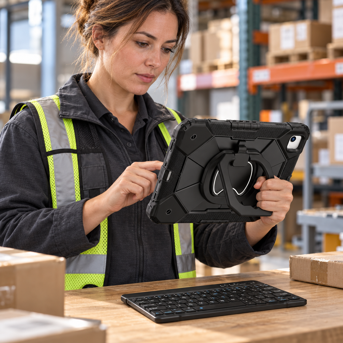 Warehouse professional holding an iPad by the ArmorPro rotating ring grip with the black RhinoKeys Pro keyboard on the counter.