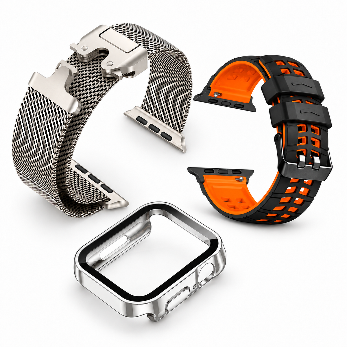 Avontic Apex Mesh Atelier Titanium / Orange bundle with 1 titanium band, ActiveFlex Pro silicone band and glass-front PC case; watch not included