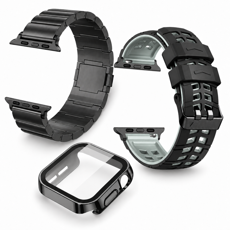 Avontic Imperium Reserve Black / Graphite accessory bundle: titanium band, ActiveFlex Pro silicone band and glass-front protective case; watch not included