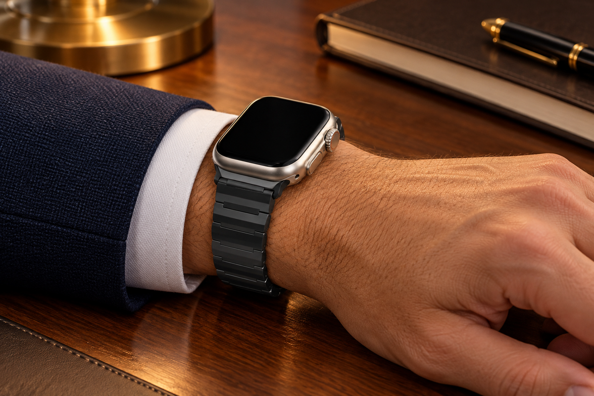 Imperium Reserve titanium band worn in an everyday setting; Apple Watch shown for styling and not included