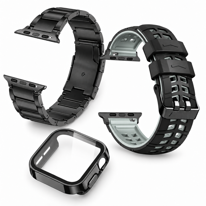 Avontic Aether Sovereign Black / Graphite accessory bundle: titanium band, ActiveFlex Pro silicone band and glass-front protective case; watch not included