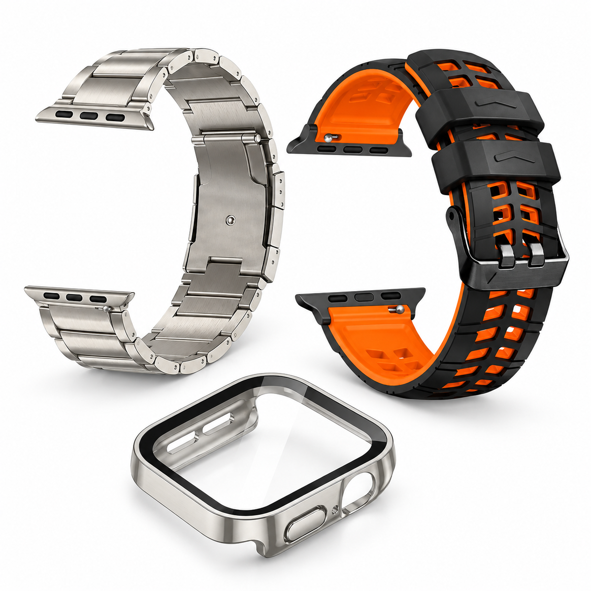 Avontic Aether Sovereign Titanium / Orange accessory bundle: titanium band, ActiveFlex Pro silicone band and glass-front protective case; watch not included
