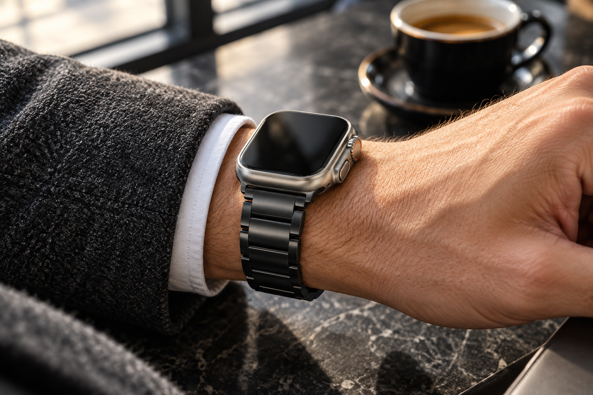 Aether Sovereign titanium band worn in an everyday setting; Apple Watch shown for styling and not included
