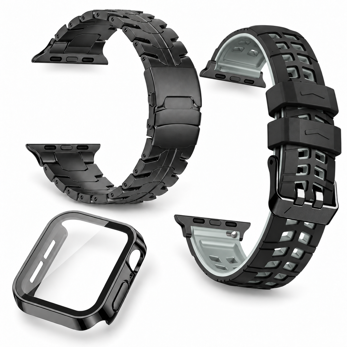 Avontic Obsidian Vanguard Black / Graphite accessory bundle: titanium band, ActiveFlex Pro silicone band and glass-front protective case; watch not included