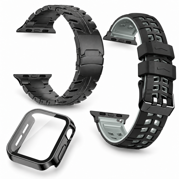 Avontic Obsidian Vanguard Black / Graphite accessory bundle: titanium band, ActiveFlex Pro silicone band and glass-front protective case; watch not included