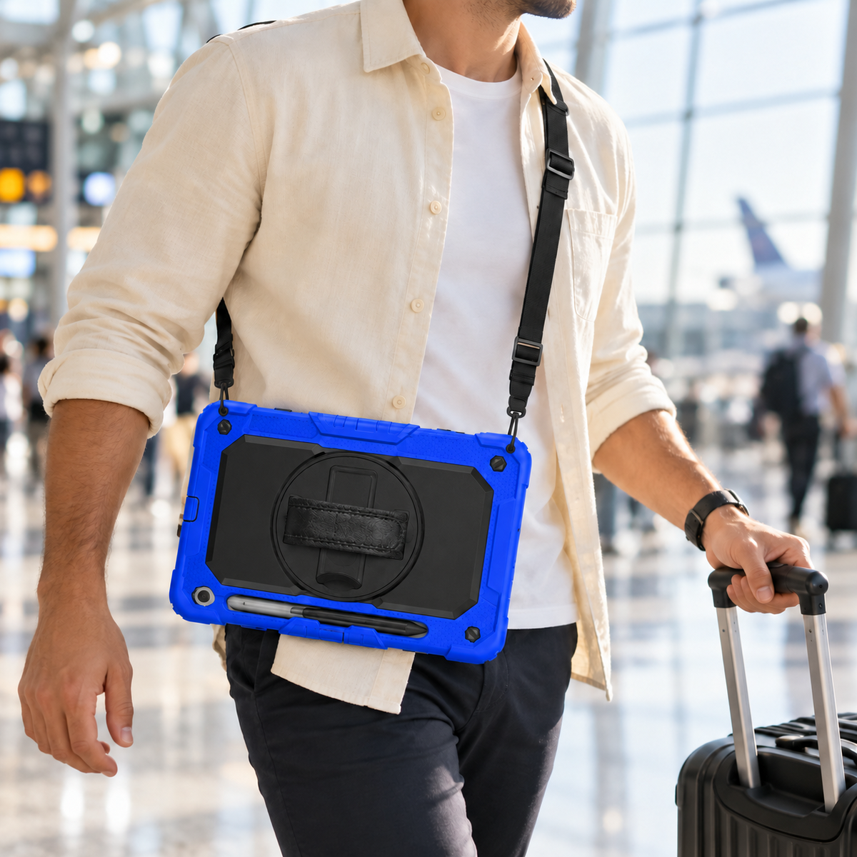 Traveler carrying a blue RhinoGuard Bastion 360 Max Galaxy Tab case with the detachable shoulder strap while pulling a suitcase.