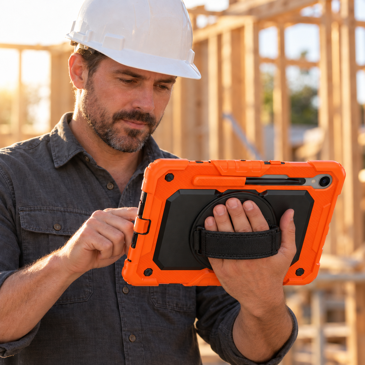 Construction professional using the orange RhinoGuard Bastion 360 Max Galaxy Tab case with his hand secured beneath the rotating rear strap.