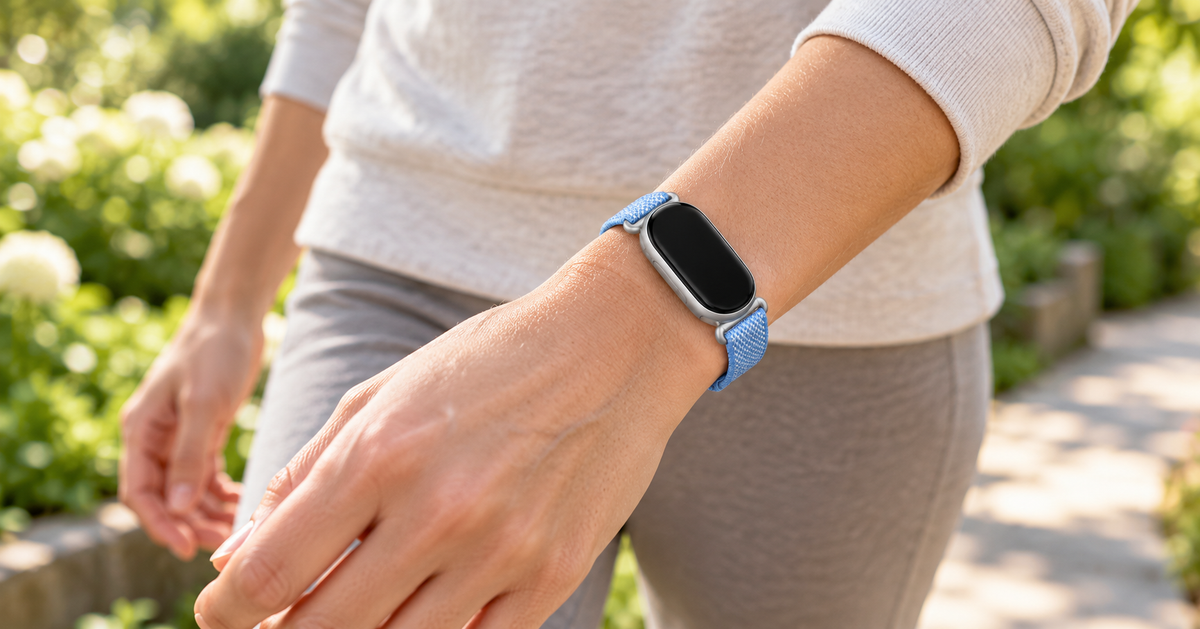 Avontic CloudWeave Braided Nylon Band, worn in an everyday setting; tracker shown for fit, not included