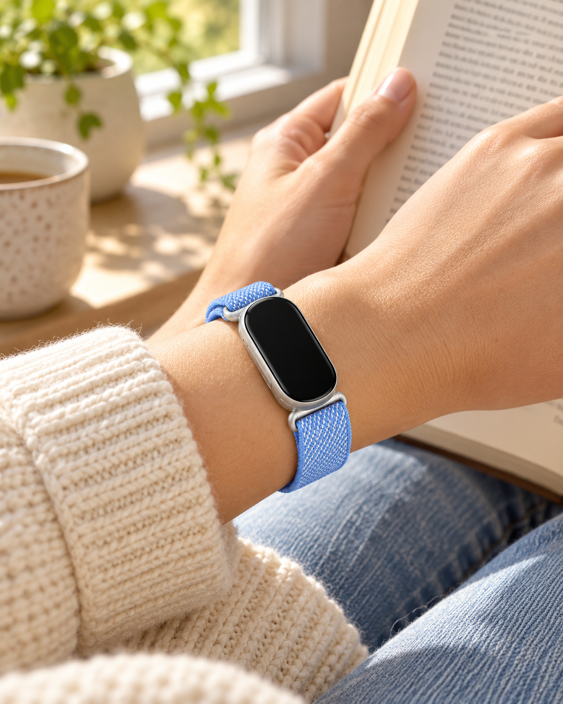 Avontic CloudWeave Braided Nylon Band, worn in an everyday setting; tracker shown for fit, not included