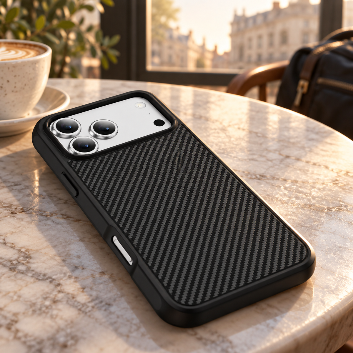 RhinoGuard CarbonLine Textured Case — cafe lifestyle view