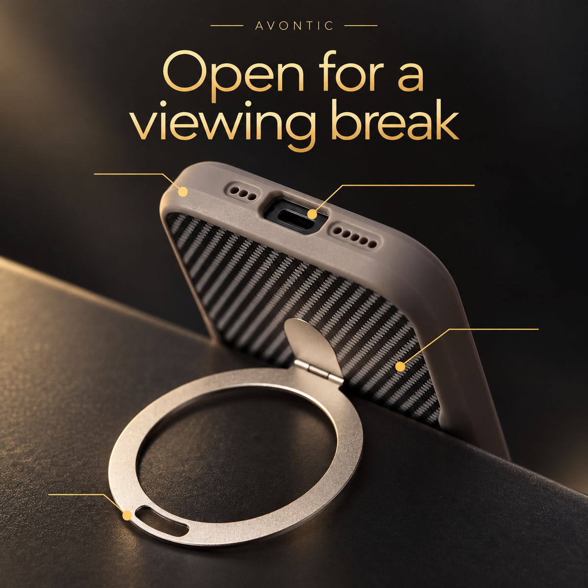 RhinoGuard CarbonPivot Magnetic RingStand Case — Open for a viewing break
