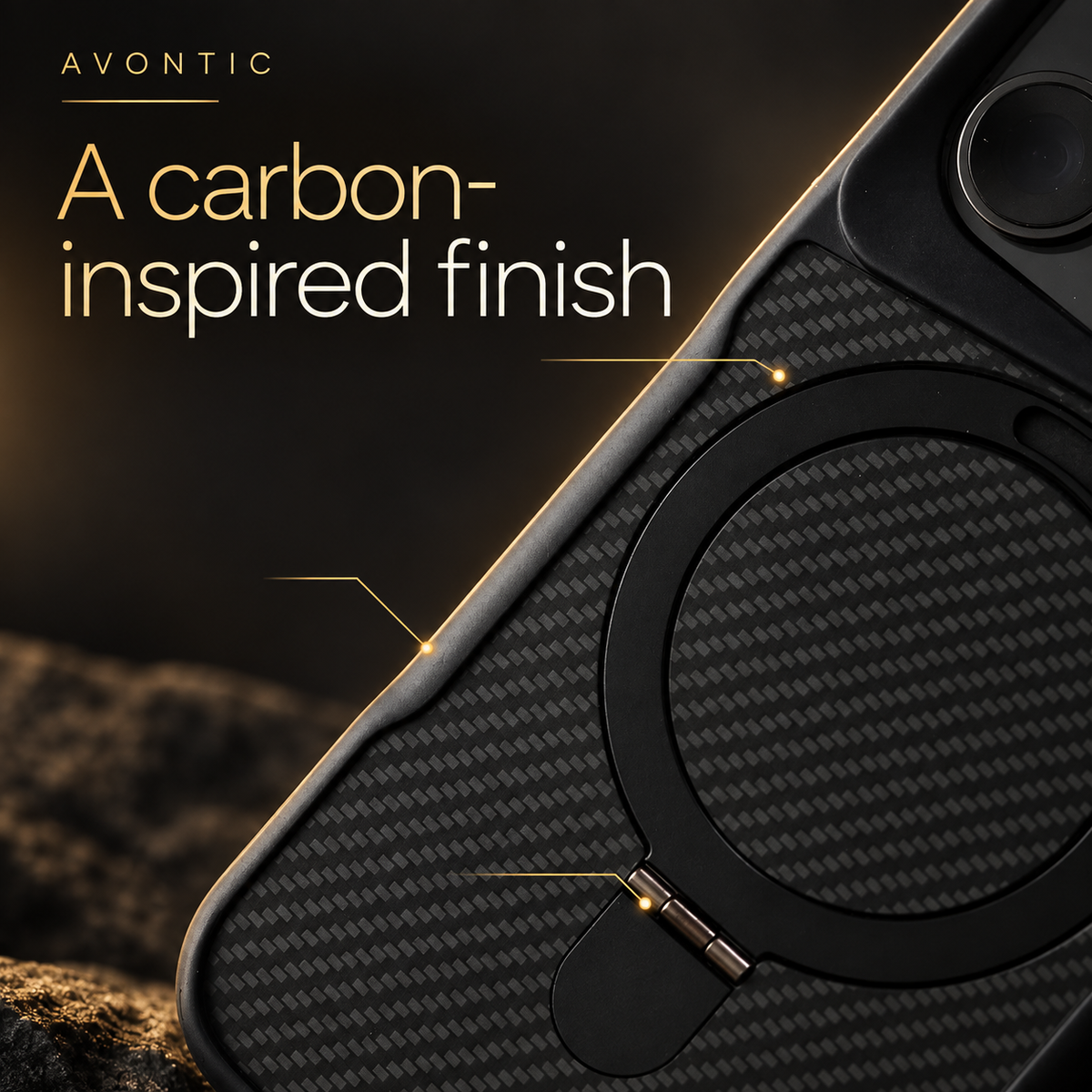 RhinoGuard CarbonPivot Magnetic RingStand Case — A carbon-inspired finish