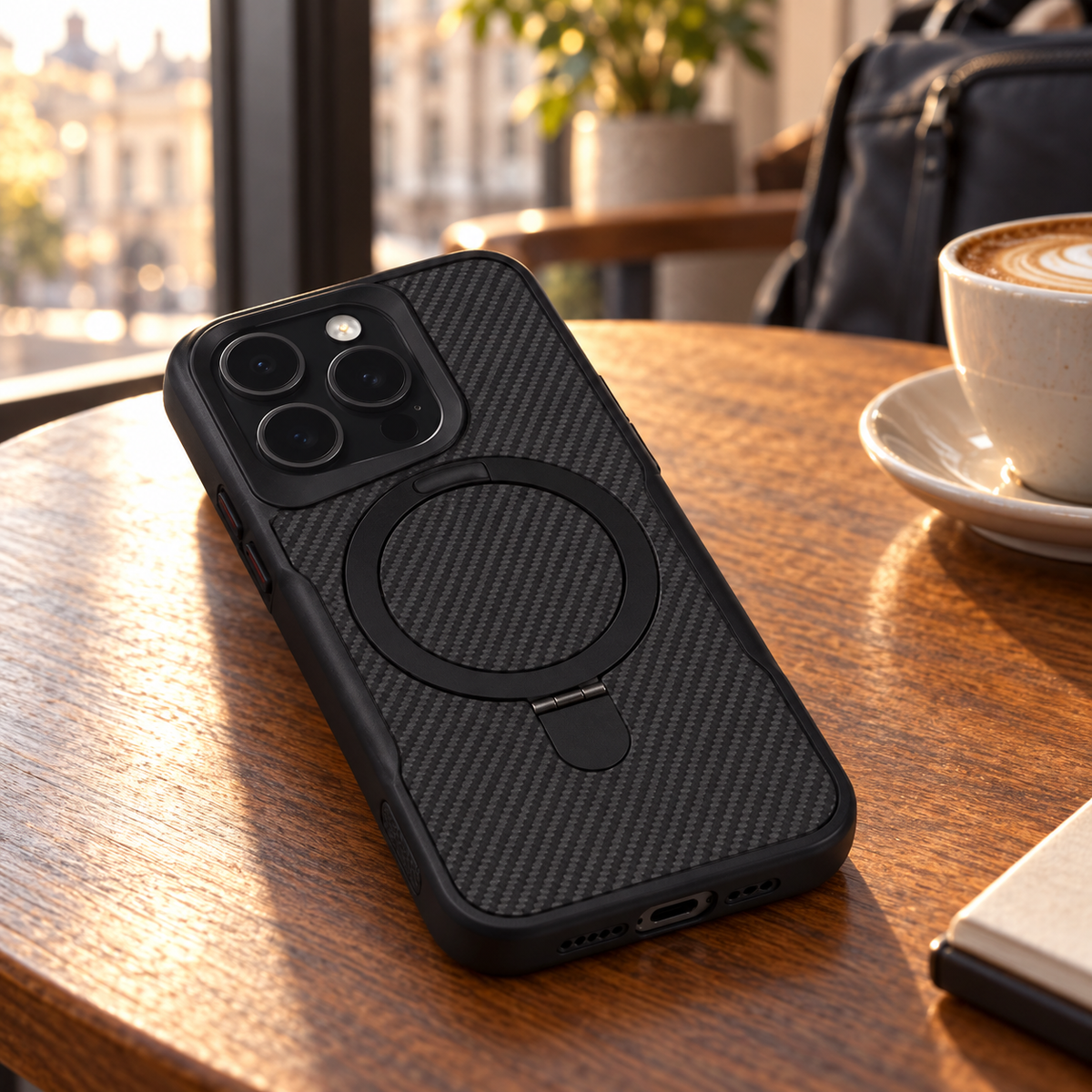 RhinoGuard CarbonPivot Magnetic RingStand Case — cafe lifestyle view