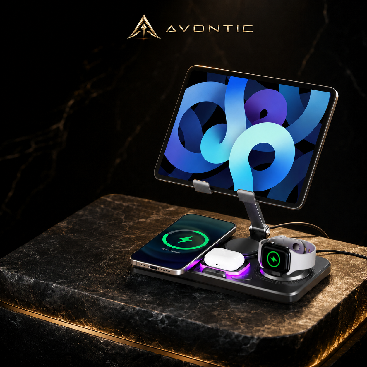Avontic ChargeStation 7™ Multi-Device Wireless Charger & iPad Stand — product view 3