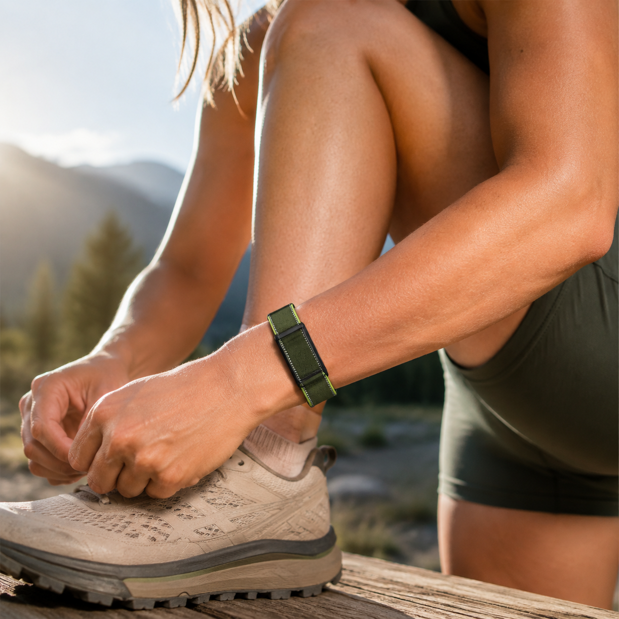 FlexPair green wrist band during trail-run recovery