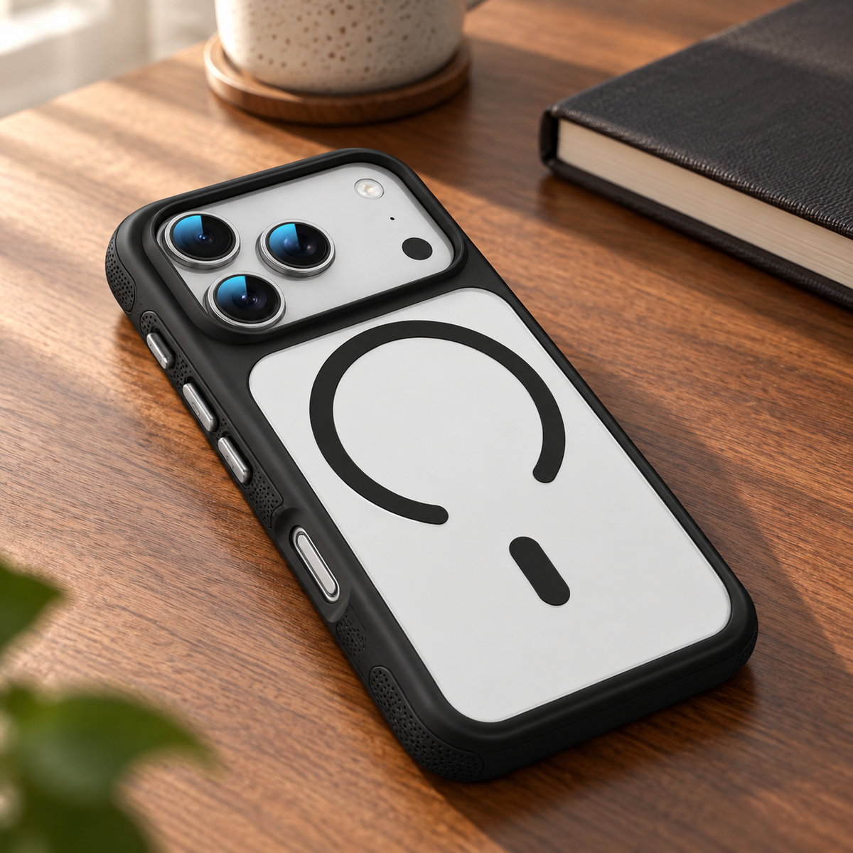 Avontic ClearContour Magnetic Grip Case — desk lifestyle view