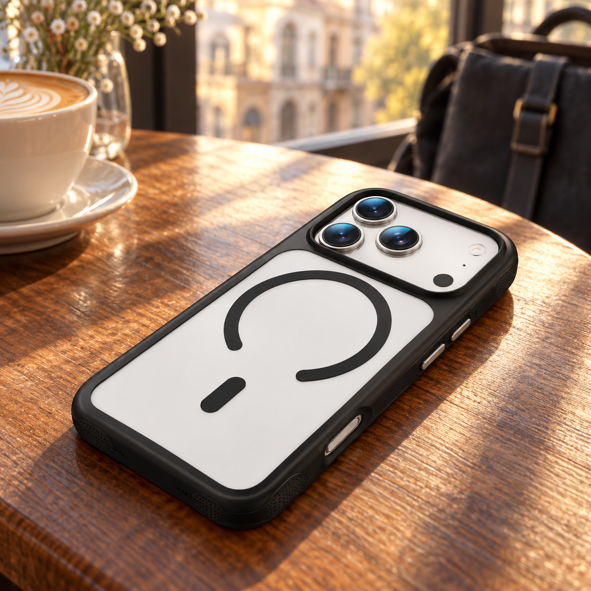 Avontic ClearContour Magnetic Grip Case — cafe lifestyle view