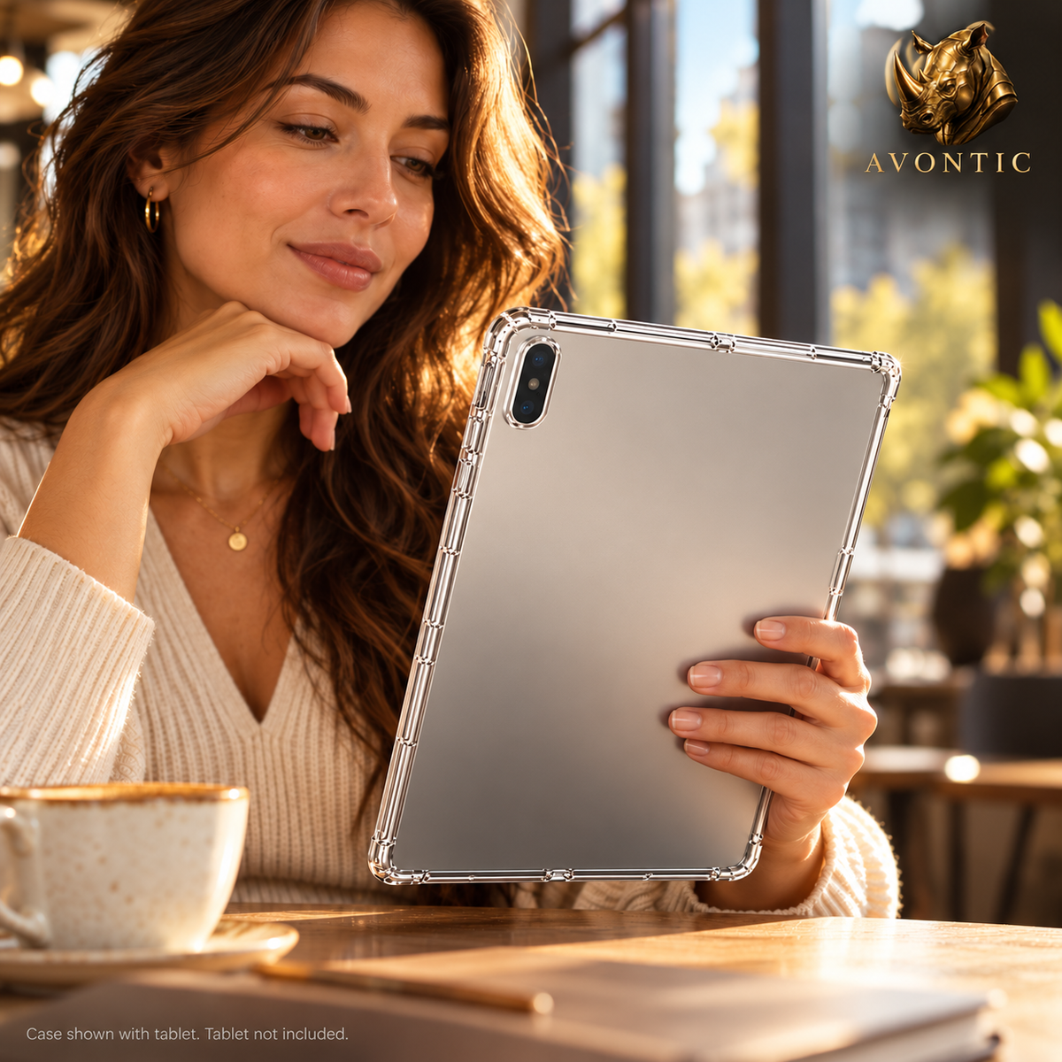 Avontic ClearGuard Flex — tablet case in use 2 — Avontic gold rhino branding