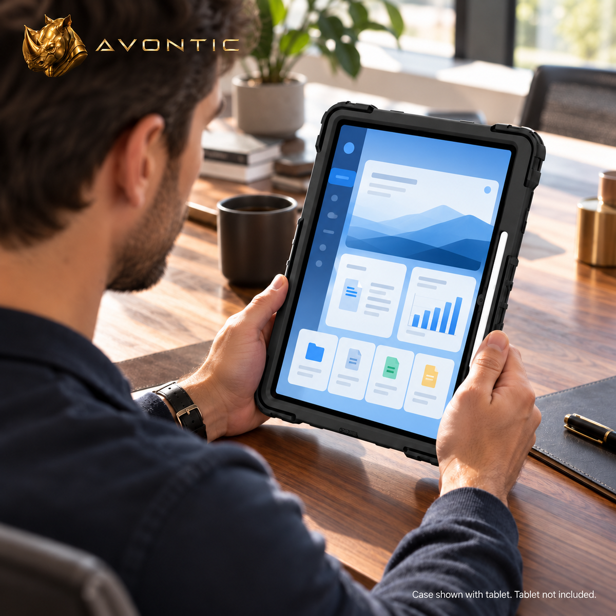 RhinoGuard Command 360 — tablet case in use 1 — Avontic gold rhino branding