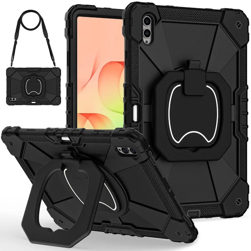 RhinoGuard Command 360 — Midnight Black — front, rear, stand and shoulder-strap views; tablet not included